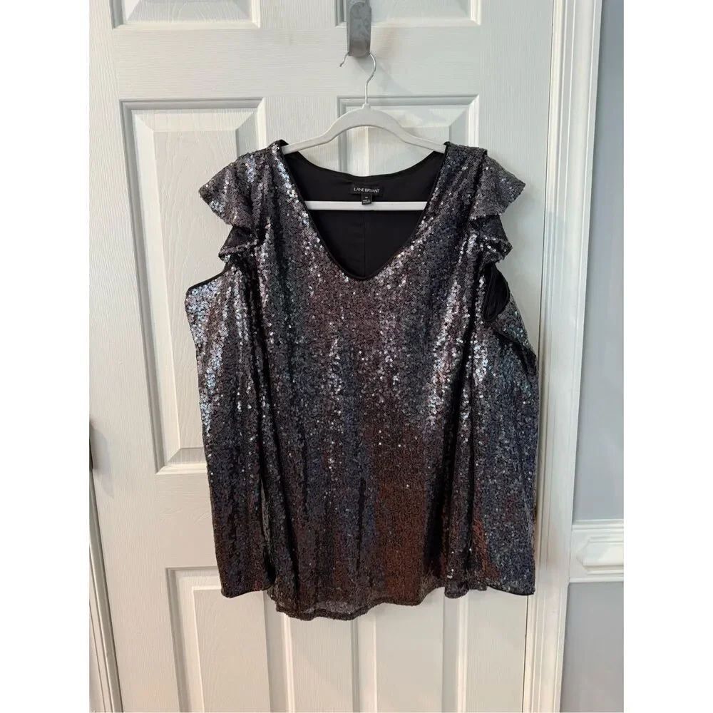 Lane Bryant Black Sequin Ruffled Cold Shoulder Festive Holiday Party Top sz 18 N